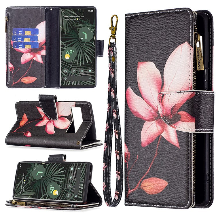 BF03 Pattern Printing PU Leather Case Magnetic Clasp Zipper Pocket Stand Flip Wallet Cover with Strap for Google Pixel 6 Pro - Flower