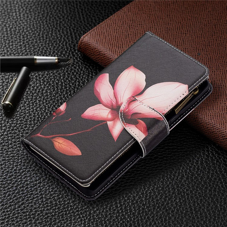 BF03 Pattern Printing PU Leather Case Magnetic Clasp Zipper Pocket Stand Flip Wallet Cover with Strap for Google Pixel 6 Pro - Flower