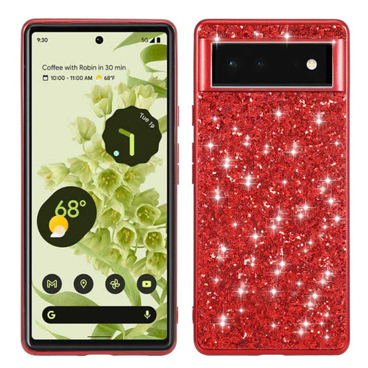 Glitter Sequins Electroplating Frame Soft TPU + Hard PC Well-protected Phone Case Cover for Google Pixel 6 - Red