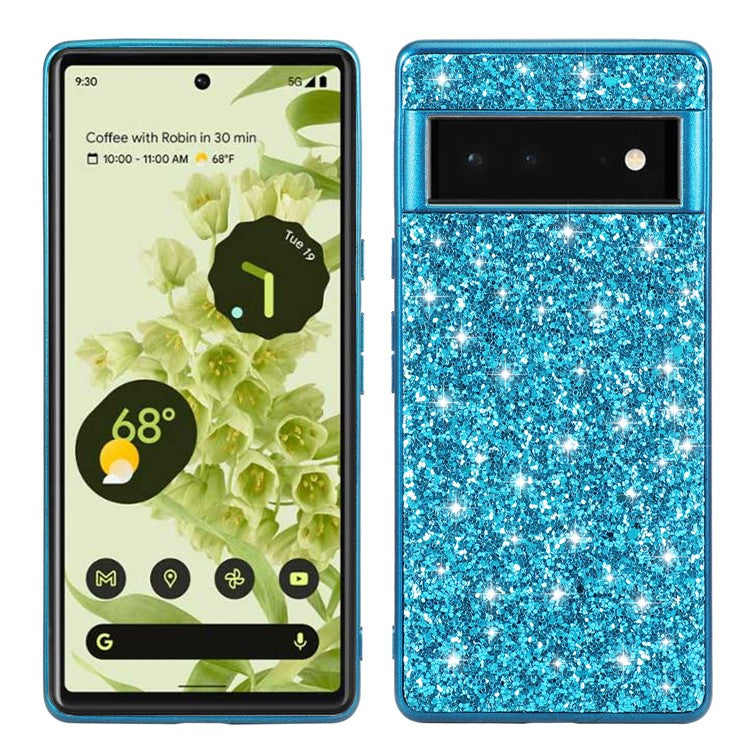 Glitter Electroplating TPU Bumper + Hard PC Back Panel Hybrid Phone Case Cover for Google Pixel 6 Pro - Blue