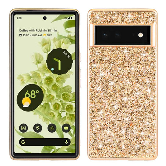 Glitter Electroplating TPU Bumper + Hard PC Back Panel Hybrid Phone Case Cover for Google Pixel 6 Pro - Gold