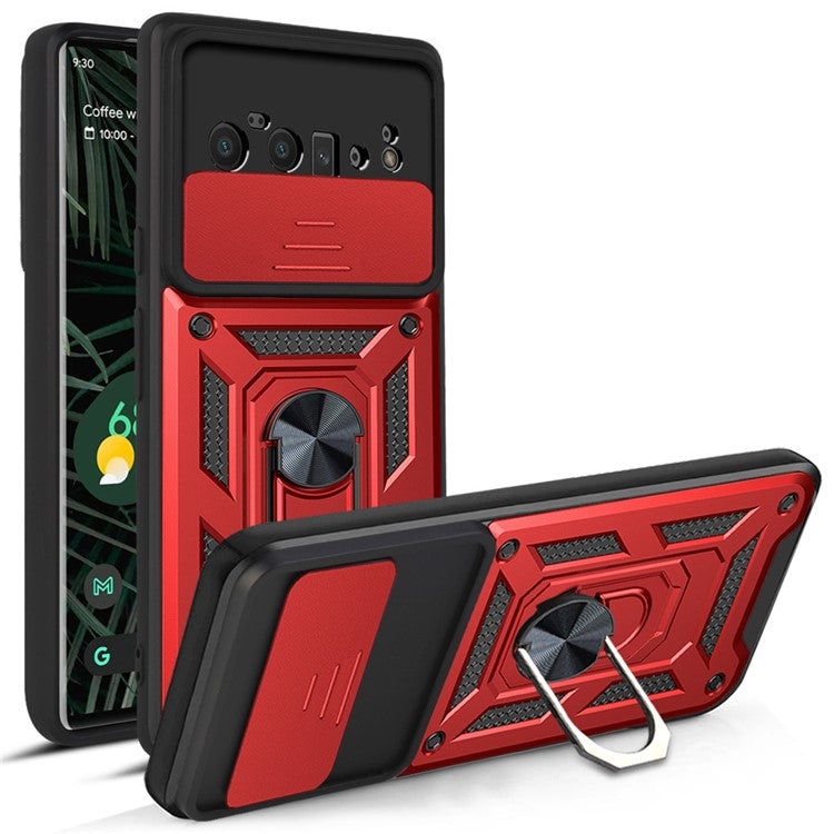 Ring Holder Kickstand Case Anti-scratch Camera Slide Cover Design PC + TPU Phone Shell Cover for Google Pixel 6 Pro - Red