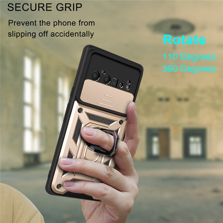 Ring Holder Kickstand Case Anti-scratch Camera Slide Cover Design PC + TPU Phone Shell Cover for Google Pixel 6 Pro - Gold