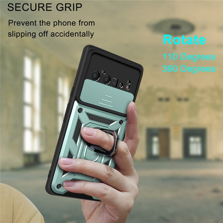 Ring Holder Kickstand Case Anti-scratch Camera Slide Cover Design PC + TPU Phone Shell Cover for Google Pixel 6 Pro - Green