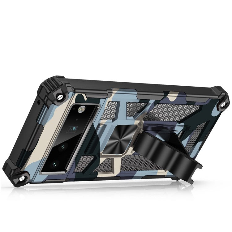 Camouflage Design PC + TPU Anti-fall Phone Case Kickstand Protective Cover Built-in Metal Sheet for Google Pixel 6 Pro - Light Green