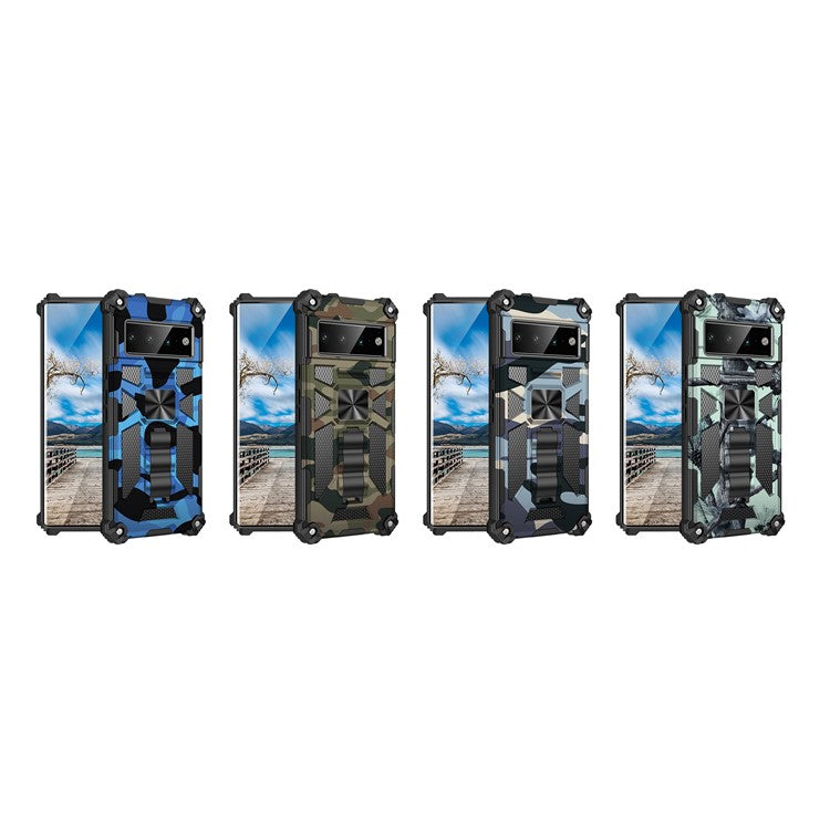 Camouflage Design PC + TPU Anti-fall Phone Case Kickstand Protective Cover Built-in Metal Sheet for Google Pixel 6 Pro - Army Green
