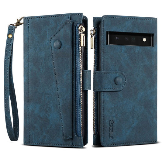 ESEBLE Multifunction Zippered Pocket Full Body Protection Stand Wallet Phone Cover with Wrist Strap for Google Pixel 6a - Blue