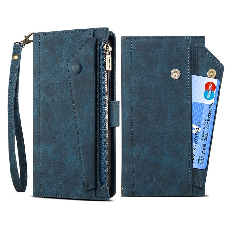 ESEBLE Multifunction Zippered Pocket Full Body Protection Stand Wallet Phone Cover with Wrist Strap for Google Pixel 6a - Blue
