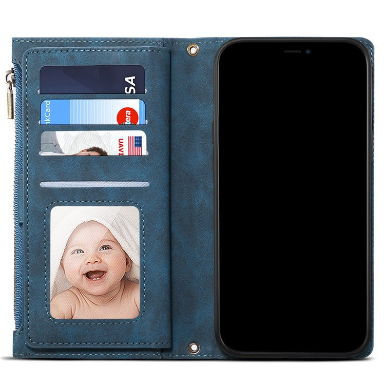 ESEBLE Multifunction Zippered Pocket Full Body Protection Stand Wallet Phone Cover with Wrist Strap for Google Pixel 6a - Blue