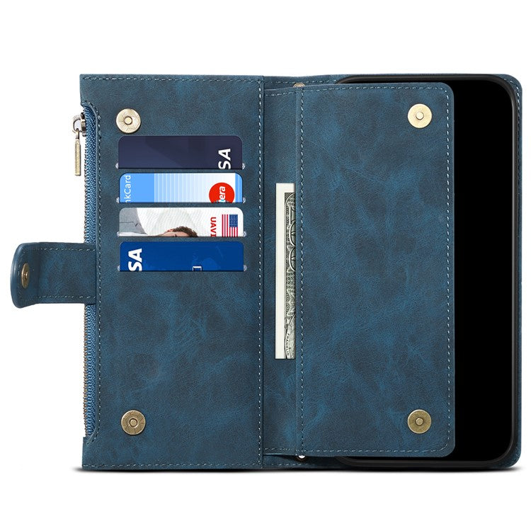 ESEBLE Multifunction Zippered Pocket Full Body Protection Stand Wallet Phone Cover with Wrist Strap for Google Pixel 6a - Blue