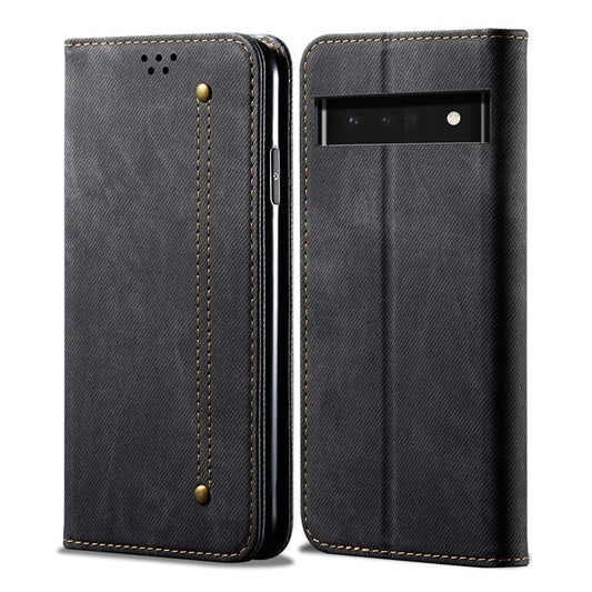 Leisure Style Jeans Cloth Texture Leather Case Folio Flip Magnetic Closure Wallet Stand Phone Shell for Google Pixel 6a - Black