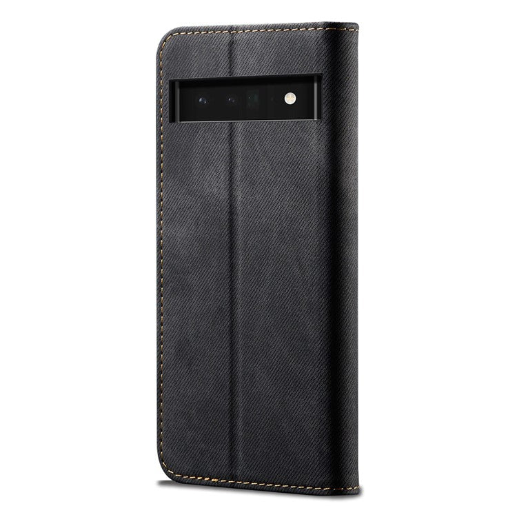 Leisure Style Jeans Cloth Texture Leather Case Folio Flip Magnetic Closure Wallet Stand Phone Shell for Google Pixel 6a - Black