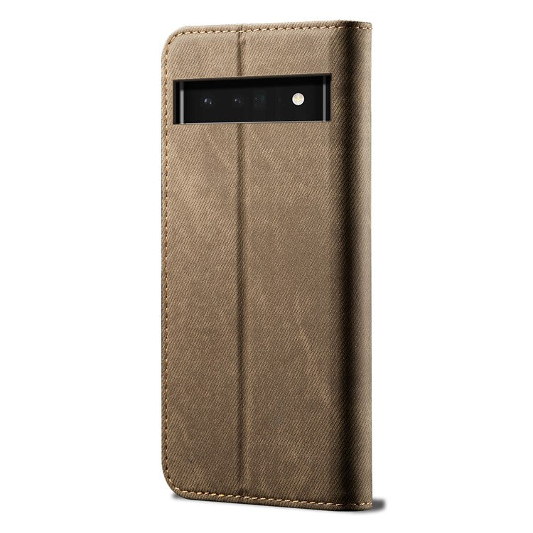 Leisure Style Jeans Cloth Texture Leather Case Folio Flip Magnetic Closure Wallet Stand Phone Shell for Google Pixel 6a - Khaki