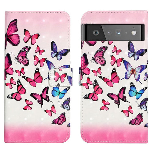 Pattern Printing Light Spot Decor Full Protection Leather Case Phone Cover with Stand Wallet for Google Pixel 6 - Pink Blue Butterfly
