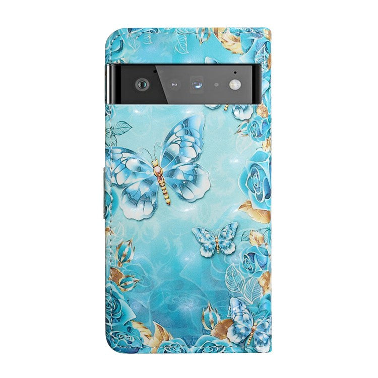 Pattern Printing Light Spot Decor Foldable Stand PU Leather Phone Case Cover with Wallet for Google Pixel 6 Pro - Blue Gold Butterfly