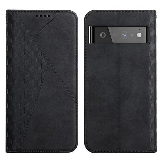 Wallet Stand Design Skin-touch Rhombus Pattern TPU Inner Case Strong Magnetic Auto-absorbed Closure Leather Phone Cover for Google Pixel 6 Pro - Black
