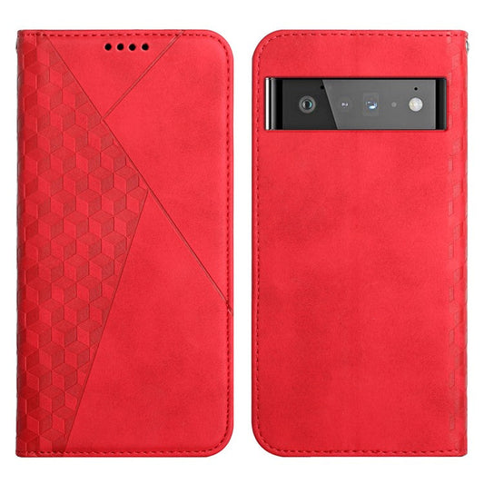 Wallet Stand Design Skin-touch Rhombus Pattern TPU Inner Case Strong Magnetic Auto-absorbed Closure Leather Phone Cover for Google Pixel 6 Pro - Red