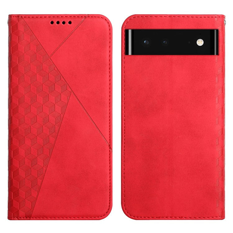 Skin-touch Rhombus Pattern Wallet Stand Design Anti-scratch Strong Magnetic Auto-absorbed Closure Leather Phone Case for Google Pixel 6 - Red