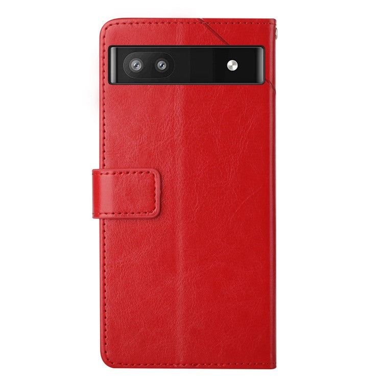 For Google Pixel 6a Y-shaped Lines Imprinted Handy Strap Magnetic PU Leather Stand Flip Wallet Phone Cover - Red