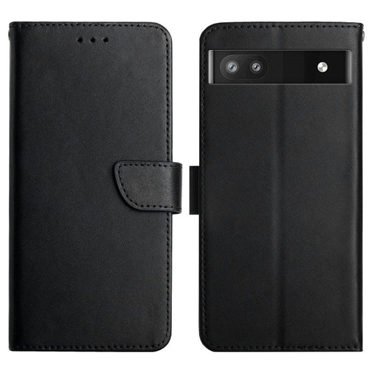Genuine Leather Phone Case Shockproof Magnetic Closure Nappa Texture Folio Stand Wallet Cover for Google Pixel 6a - Black