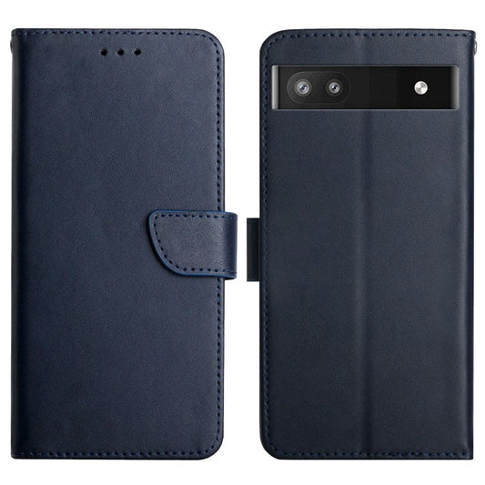 Genuine Leather Phone Case Shockproof Magnetic Closure Nappa Texture Folio Stand Wallet Cover for Google Pixel 6a - Blue