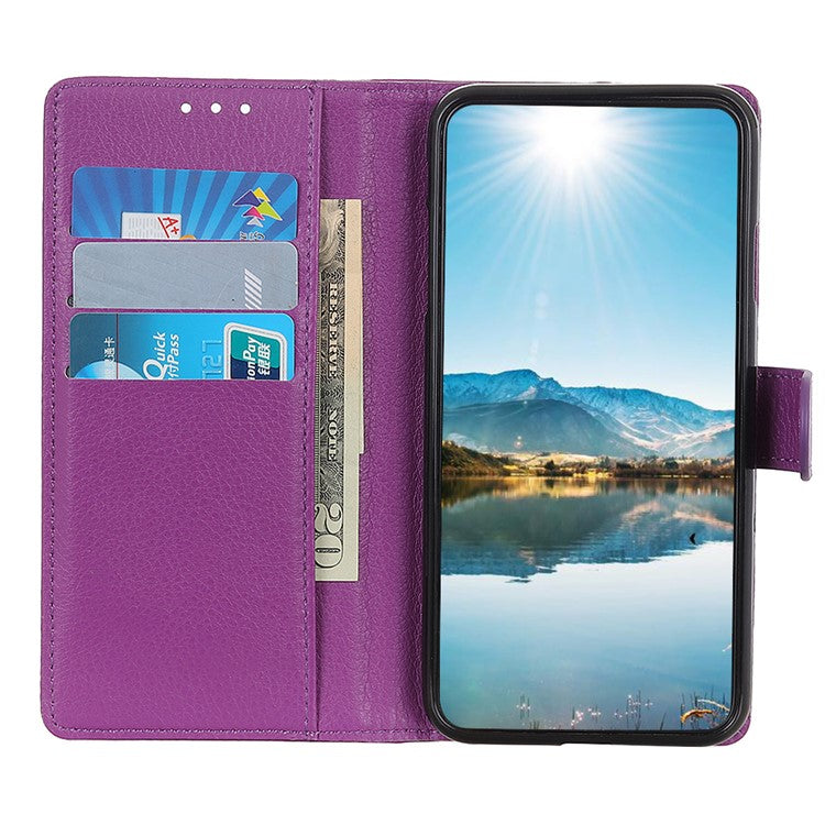 Litchi Texture PU Leather Case Hands-free Stand Design Phone Wallet Cover for Google Pixel 6a - Purple