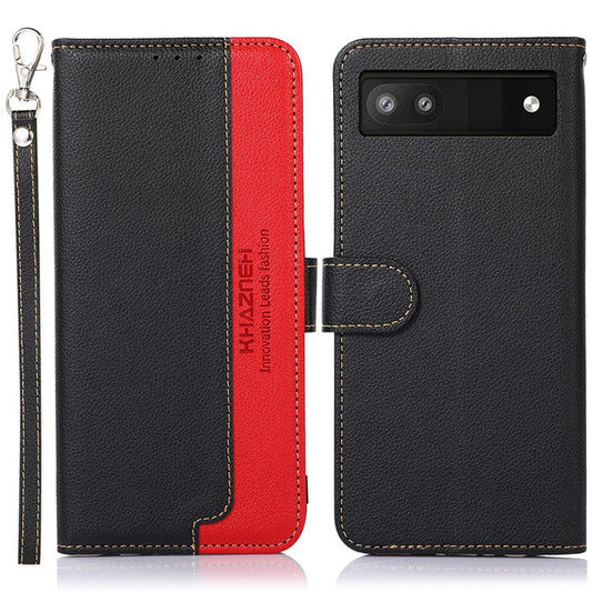 KHAZNEH RFID Blocking Litchi Texture PU Leather Case Wallet Phone Stand Case with Anti-lost Lanyard for Google Pixel 6a - Black