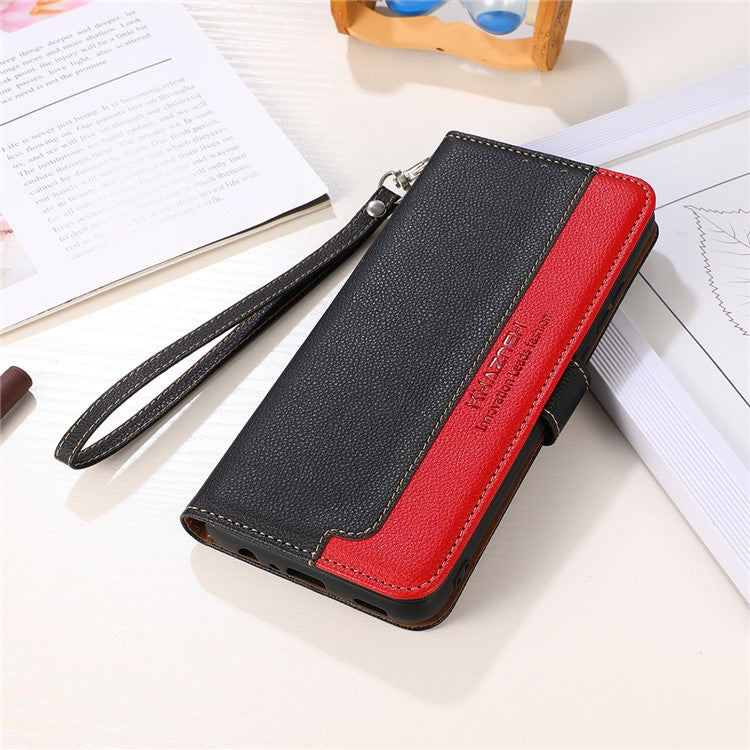 KHAZNEH RFID Blocking Litchi Texture PU Leather Case Wallet Phone Stand Case with Anti-lost Lanyard for Google Pixel 6a - Black