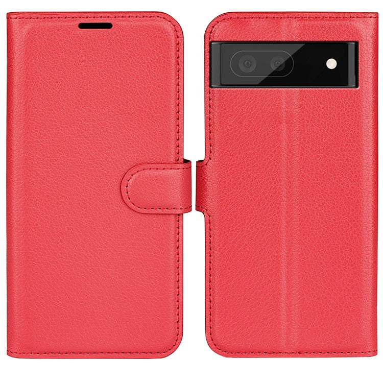 Fully Wrapped PU Leather Coated TPU Mobile Phone Case Litchi Texture Stand Wallet Flip Protective Phone Cover for Google Pixel 6a - Red