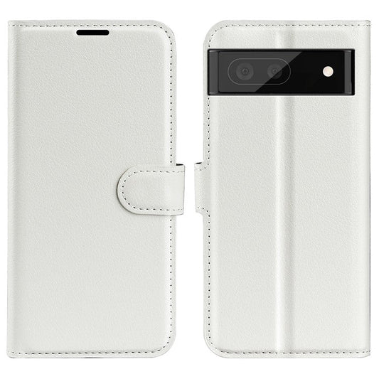 Fully Wrapped PU Leather Coated TPU Mobile Phone Case Litchi Texture Stand Wallet Flip Protective Phone Cover for Google Pixel 6a - White