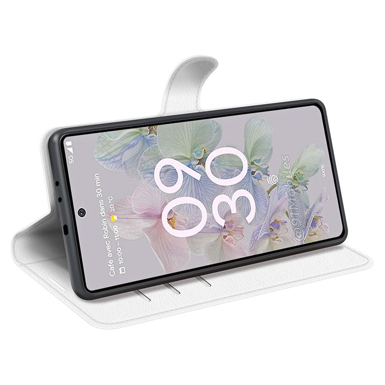 Fully Wrapped PU Leather Coated TPU Mobile Phone Case Litchi Texture Stand Wallet Flip Protective Phone Cover for Google Pixel 6a - White