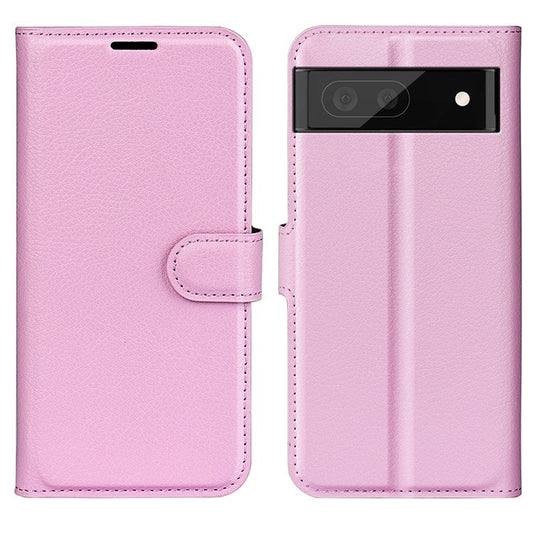 Fully Wrapped PU Leather Coated TPU Mobile Phone Case Litchi Texture Stand Wallet Flip Protective Phone Cover for Google Pixel 6a - Pink