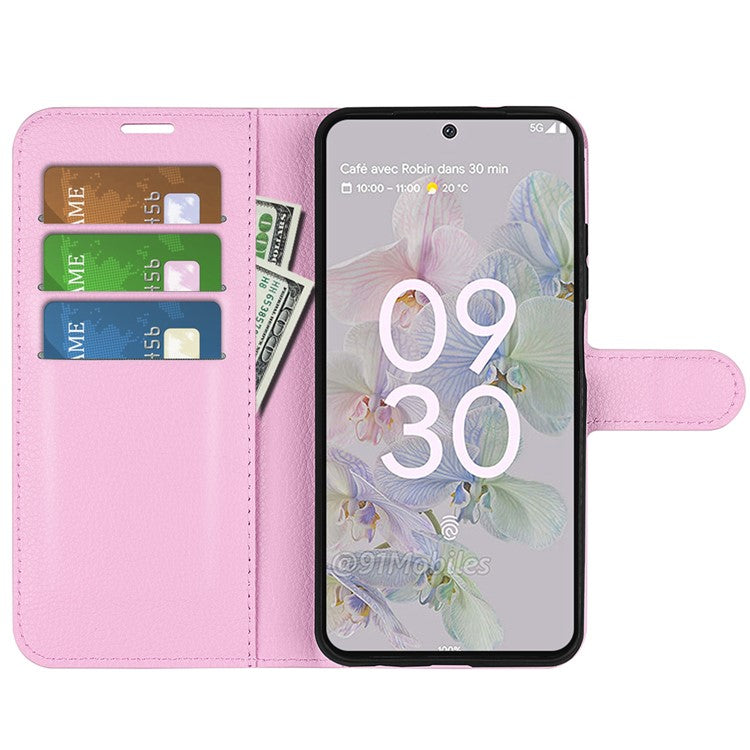 Fully Wrapped PU Leather Coated TPU Mobile Phone Case Litchi Texture Stand Wallet Flip Protective Phone Cover for Google Pixel 6a - Pink