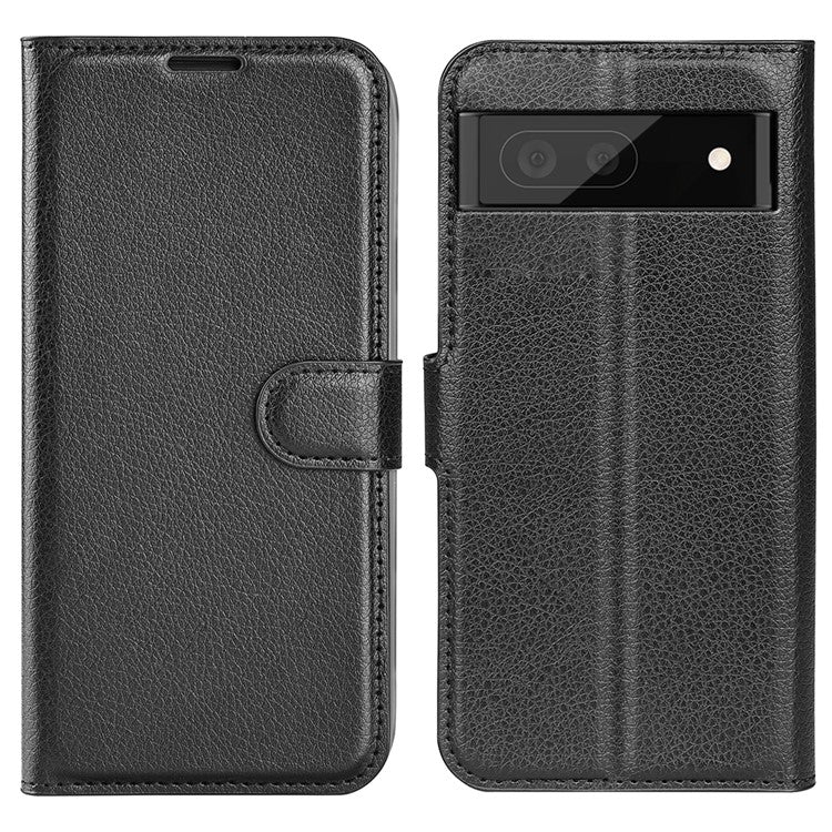 Fully Wrapped PU Leather Coated TPU Mobile Phone Case Litchi Texture Stand Wallet Flip Protective Phone Cover for Google Pixel 6a - Black