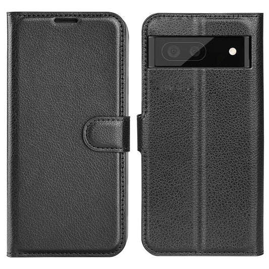 Fully Wrapped PU Leather Coated TPU Mobile Phone Case Litchi Texture Stand Wallet Flip Protective Phone Cover for Google Pixel 6a - Black