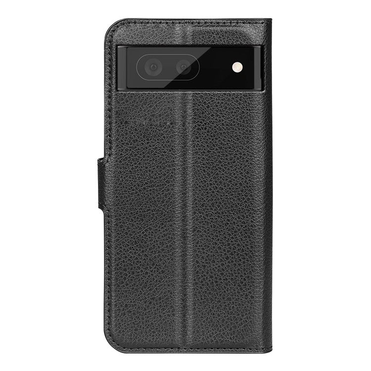 Fully Wrapped PU Leather Coated TPU Mobile Phone Case Litchi Texture Stand Wallet Flip Protective Phone Cover for Google Pixel 6a - Black