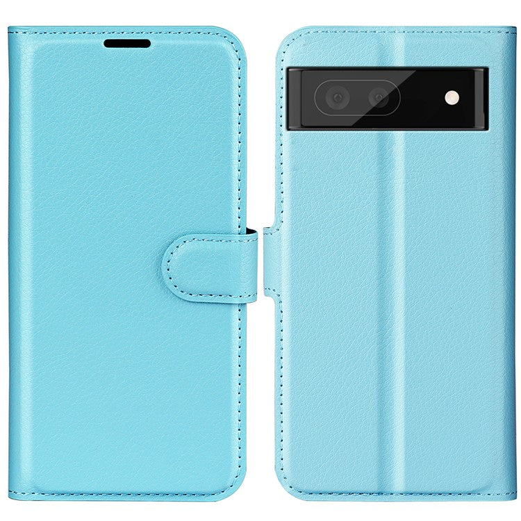 Fully Wrapped PU Leather Coated TPU Mobile Phone Case Litchi Texture Stand Wallet Flip Protective Phone Cover for Google Pixel 6a - Blue