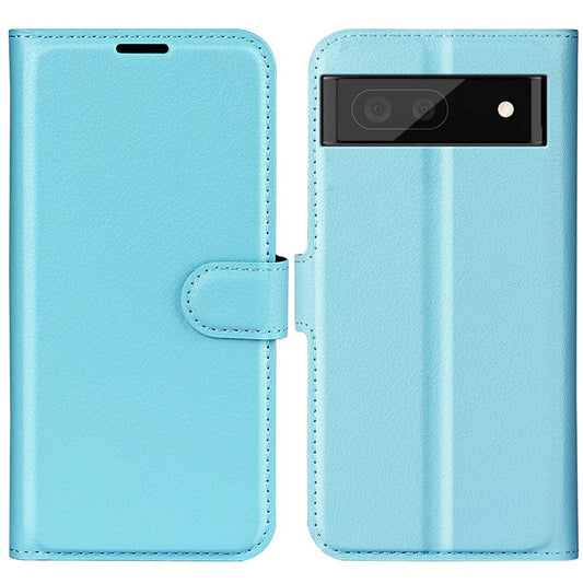 Fully Wrapped PU Leather Coated TPU Mobile Phone Case Litchi Texture Stand Wallet Flip Protective Phone Cover for Google Pixel 6a - Blue