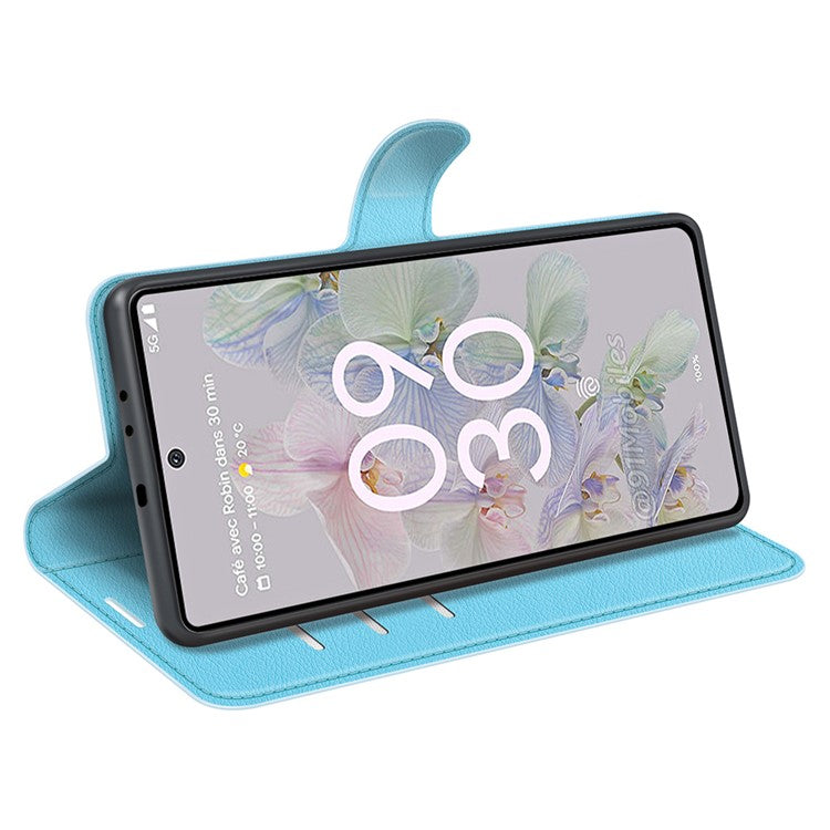 Fully Wrapped PU Leather Coated TPU Mobile Phone Case Litchi Texture Stand Wallet Flip Protective Phone Cover for Google Pixel 6a - Blue