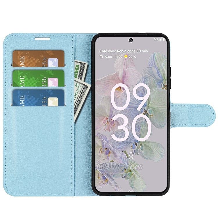 Fully Wrapped PU Leather Coated TPU Mobile Phone Case Litchi Texture Stand Wallet Flip Protective Phone Cover for Google Pixel 6a - Blue