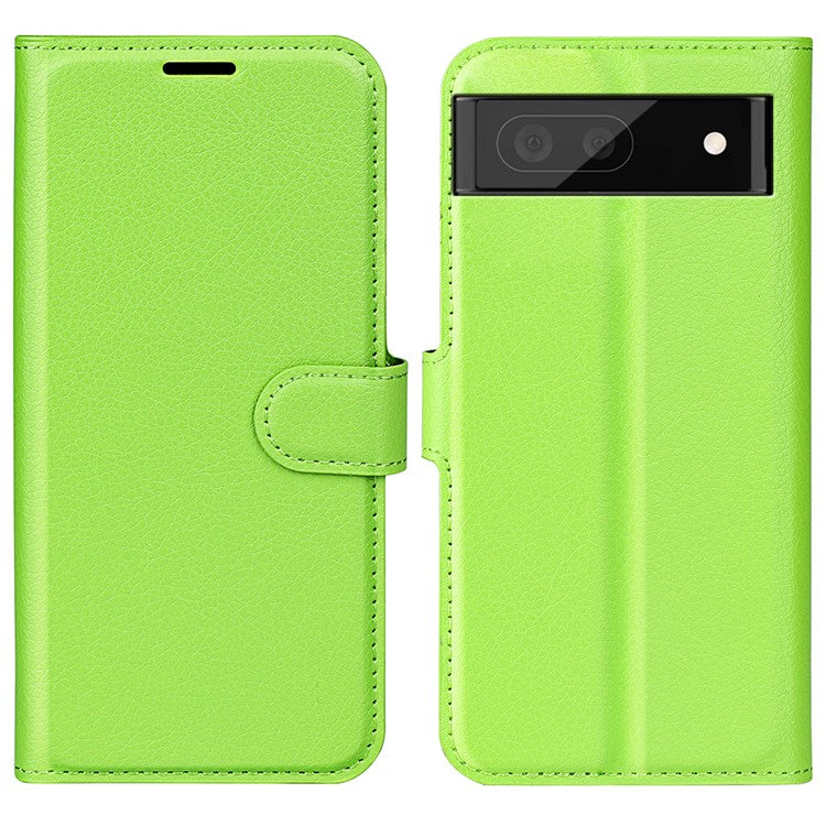 Fully Wrapped PU Leather Coated TPU Mobile Phone Case Litchi Texture Stand Wallet Flip Protective Phone Cover for Google Pixel 6a - Green