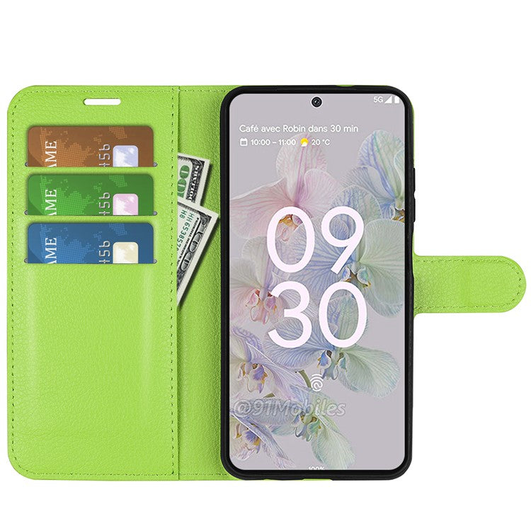 Fully Wrapped PU Leather Coated TPU Mobile Phone Case Litchi Texture Stand Wallet Flip Protective Phone Cover for Google Pixel 6a - Green