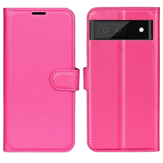 Fully Wrapped PU Leather Coated TPU Mobile Phone Case Litchi Texture Stand Wallet Flip Protective Phone Cover for Google Pixel 6a - Rose