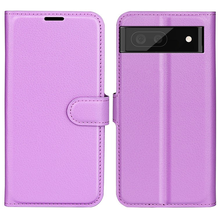 Fully Wrapped PU Leather Coated TPU Mobile Phone Case Litchi Texture Stand Wallet Flip Protective Phone Cover for Google Pixel 6a - Purple