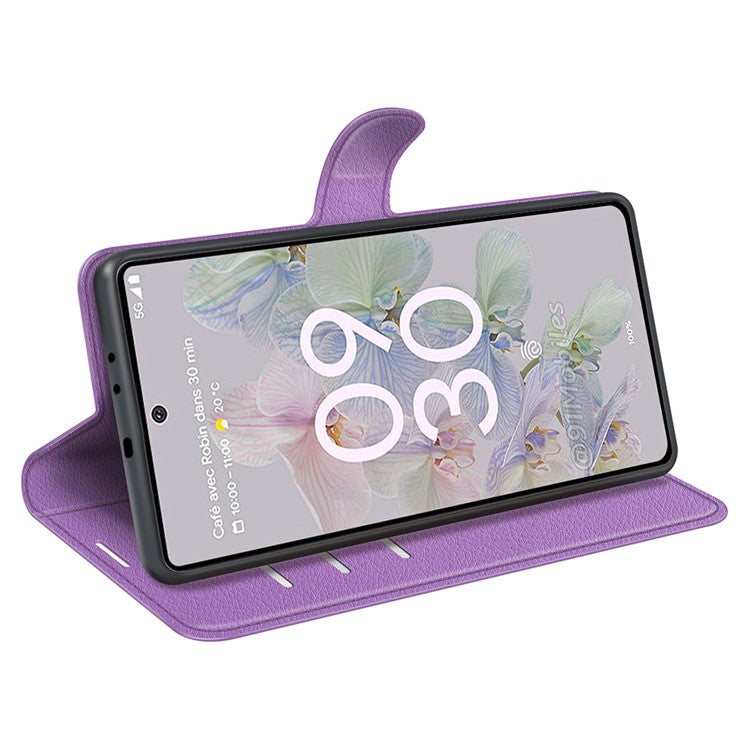 Fully Wrapped PU Leather Coated TPU Mobile Phone Case Litchi Texture Stand Wallet Flip Protective Phone Cover for Google Pixel 6a - Purple