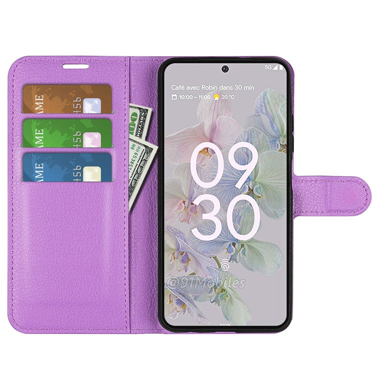 Fully Wrapped PU Leather Coated TPU Mobile Phone Case Litchi Texture Stand Wallet Flip Protective Phone Cover for Google Pixel 6a - Purple
