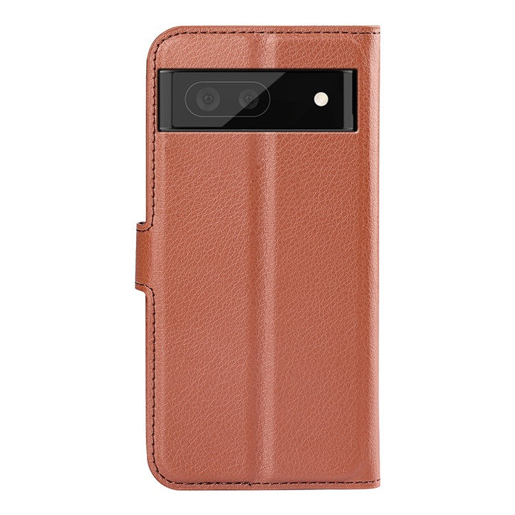 Fully Wrapped PU Leather Coated TPU Mobile Phone Case Litchi Texture Stand Wallet Flip Protective Phone Cover for Google Pixel 6a - Brown