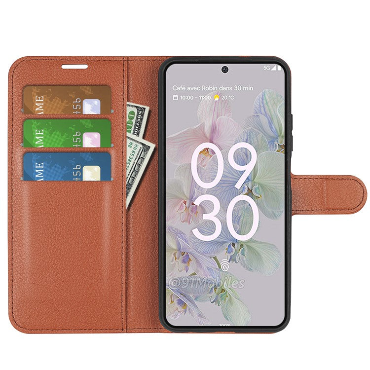 Fully Wrapped PU Leather Coated TPU Mobile Phone Case Litchi Texture Stand Wallet Flip Protective Phone Cover for Google Pixel 6a - Brown