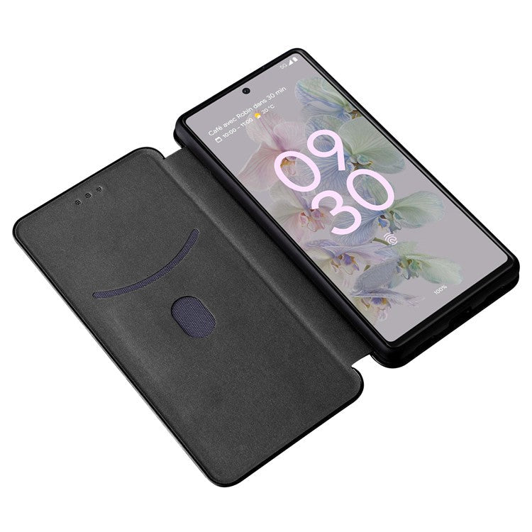 Carbon Fiber Texture Magnetic Auto-absorbed Leather Phone Case Protective Cover with Stand and Card Slot for Google Pixel 6a - Black