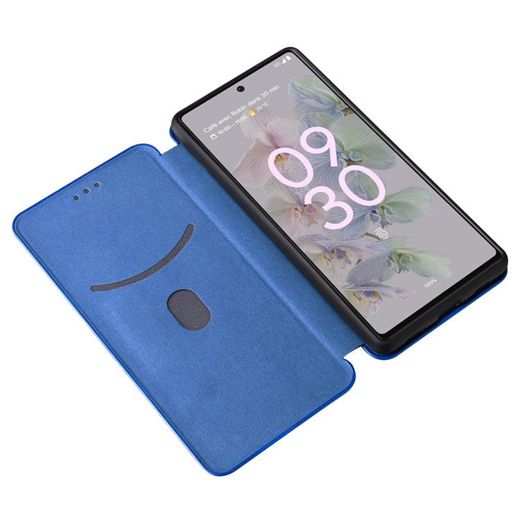 Carbon Fiber Texture Magnetic Auto-absorbed Leather Phone Case Protective Cover with Stand and Card Slot for Google Pixel 6a - Blue